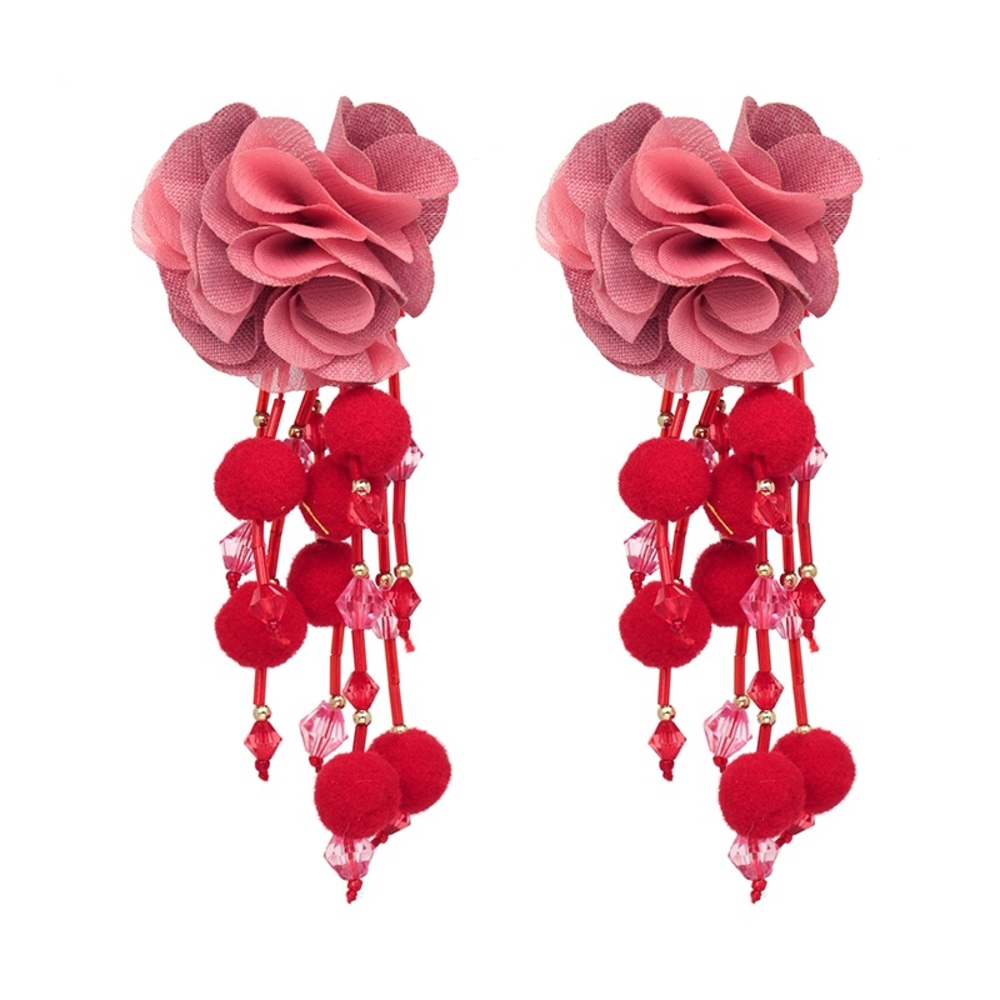 Boho Pink Rose Long Dangling Pom Pom Tassel Earrings - Picture 2 of 16